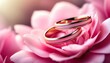© John - two gold wedding rings on delicate pink flower petals on blurred background with copy space for greeting cards invitations and jewelry blogs