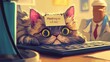 © hongzhi - A cartoon illustration of a lazy cat perched on a computer keyboard, with a sticky note on its head saying 'Meeting in 5 minutes.' It's a humorous office pet concept in the workplace.