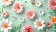 © men - delicate pastel floral pattern with daisies and gerbera flowers, light mint green background, soft petals, springtime beauty, fabric or wallpaper design