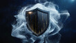 © Musfira - A shield emerges from smoke with gold lines on a dark background