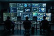 © ARTenyo - High-tech mission control center, aerospace engineers monitoring satellite data on large screen wall, cybersecurity operations room with glowing blue displays