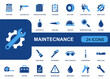 © Ahas - Maintenance icon set. Containing air filter, caulking gun, duct tape, glue bottle, hard hat, toolbox, screwdriver, wrench bolt, warning sign and more. Solid vector icons collection.