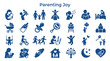 © Iconique Studio - Parenting Joy Collection of Icons Representing Family Life Childhood Activities and Parental Love with Simple Blue Graphics on White Background