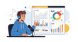 © Evan - Man with headphones and microphone presenting data on screen, stock illustration