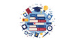 © Gany - Education and Learning Flat Illustration with Stack of Books, Graduation Cap, Lightbulb, and School Icons for Academic Success