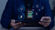 © sarach - Businessman using tablet for legal and regulatory compliance. Digital hologram of corporate document verification and management system for business integrity.