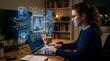© Nimra - Focused woman programmer using laptop with glowing AI dashboard and futuristic data visualizations in home office