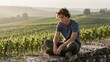 © mila103 - Young man sitting on stone wall overlooking vineyard landscape