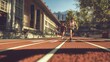 © slamet - Three runners compete on a track in a sunny outdoor setting