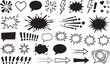 © Kanon Islam - Collection of hand drawn black comic speech bubbles and bang explosion effects with hearts stars lightning bolts and arrows vector illustration