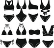 © MDGOLAP - Collection of black swimwear silhouettes and bikini icons featuring diverse styles such as halter neck high waist and monokini