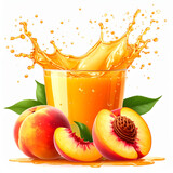 Peach juice splash with fresh peaches and leaves