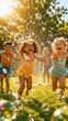 © MMM - Excited children running through water spray and soap bubbles in sunny garden, joyful summer playtime, carefree outdoor childhood fun.