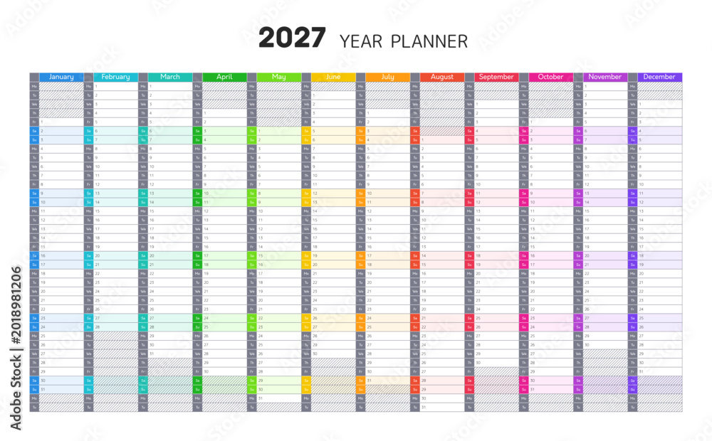 Planner template, calendar for 2027 year. Wall calender with blank grid