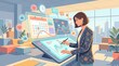 © pixel_girls - Woman analyzing data charts on transparent digital screen in modern office