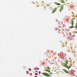 © Tattiebaum - Watercolor illustration of pink flowers and green leaves on white textured paper background. Floral border frame with botanical elements for wedding invitation design and stationery.