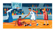 © Amie - Flat vector illustration of basketball players helping an opponent up after a game, highlighting teamwork, respect, fair play, and positive sportsmanship values