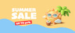 © YarM - Summer sale up to 50 percent. Modern banner with cheerful sun, palm tree and cocktail on the beach. Vector illustration.