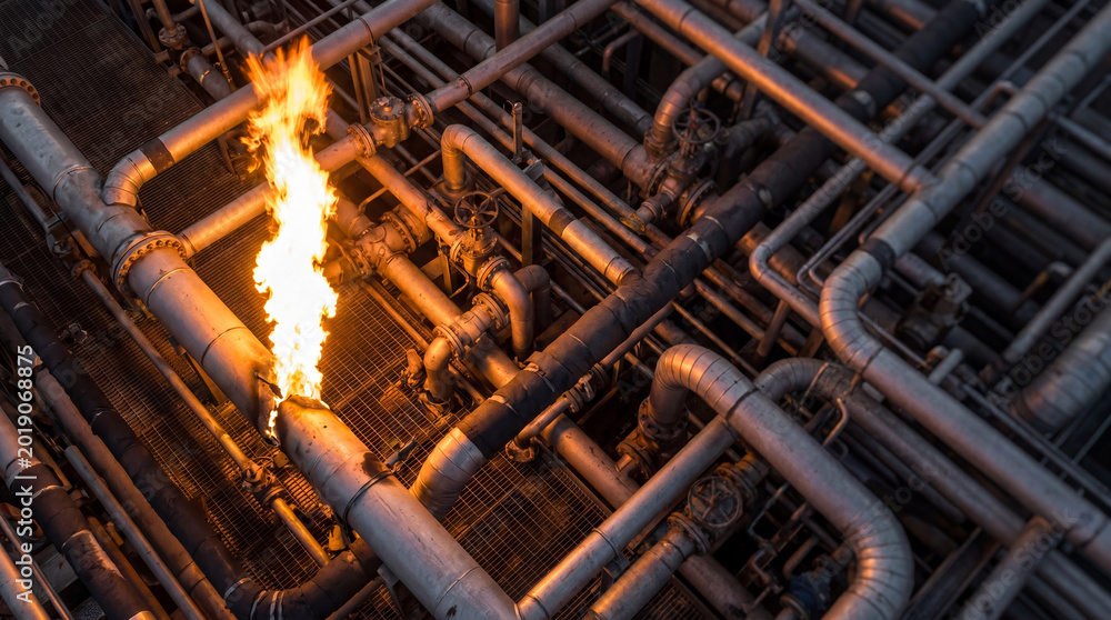 Fire burning from pipe at oil refinery. Industrial accident with ...