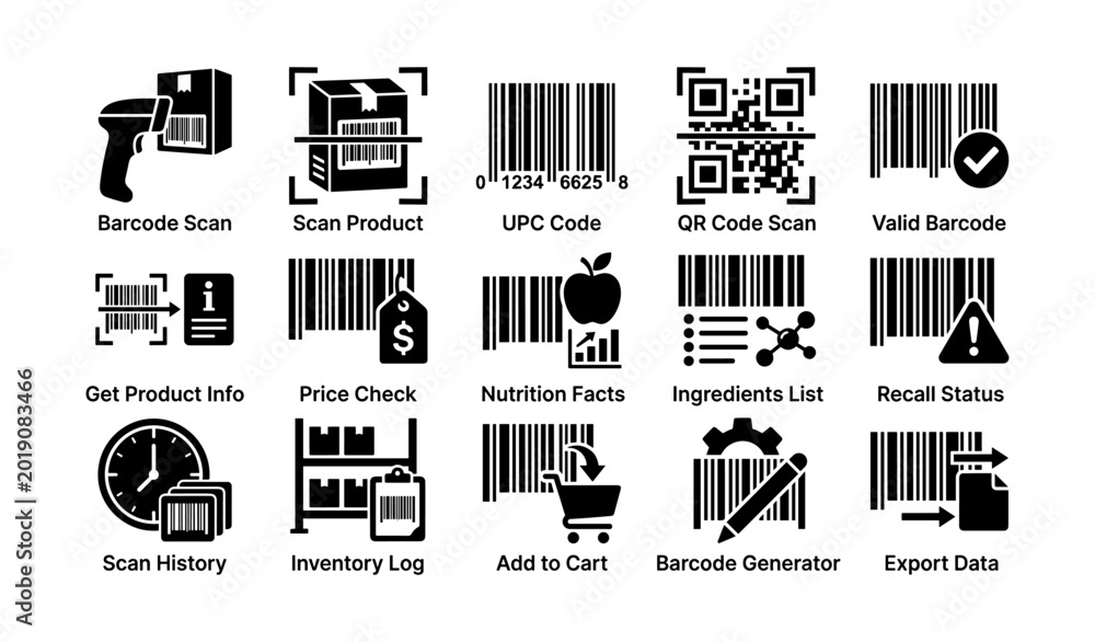 Product Scanning Vector Barcode and product scan icons for retail inventory display Stock ...