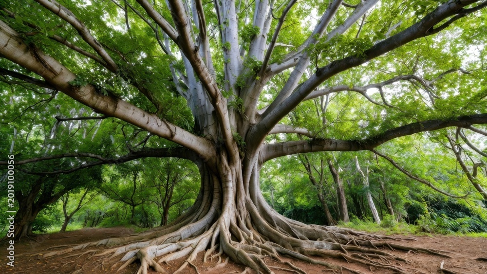 Tree Broad Broad spreading tree with extensive roots in shaded grove Stock Photo ...