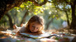 © arayabandit - A peaceful little girl lying on a blanket in the garden, reading a book and developing her imagination under warm sunlight during summer holiday.