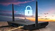 © Rat Art - Wireless router sits on wooden surface. Two antennas stand tall against sunset sky