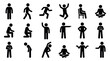 © naufal - Set of black stick figure icons showing various human body poses and actions on a white background, illustrating common human movement patterns and covering instructional infographic design
