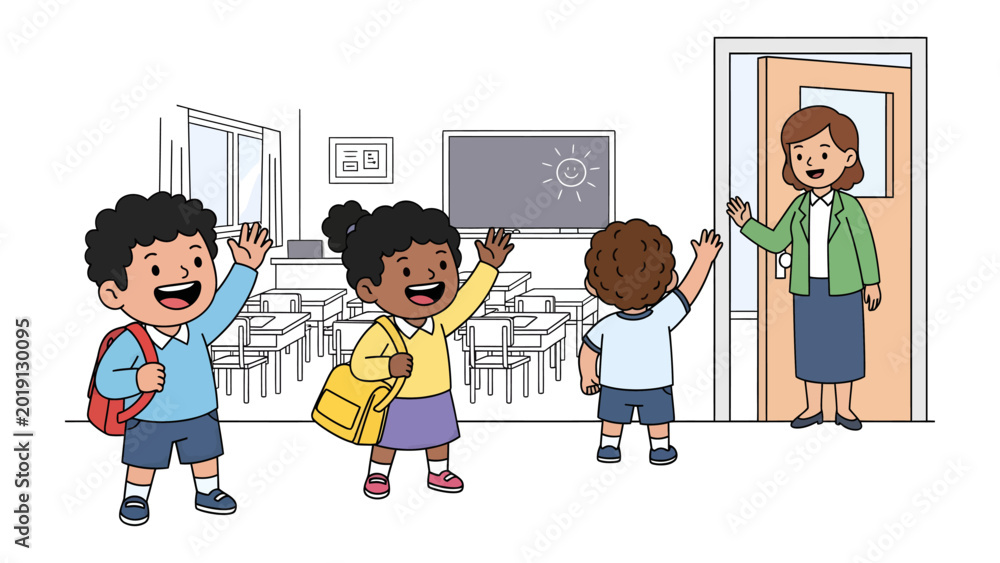 Classroom Farewell: Animated children wave goodbye as they leave the ...