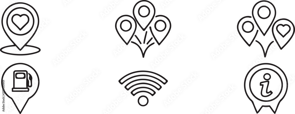 Location services icons set heart trees fuel wifi and information ...