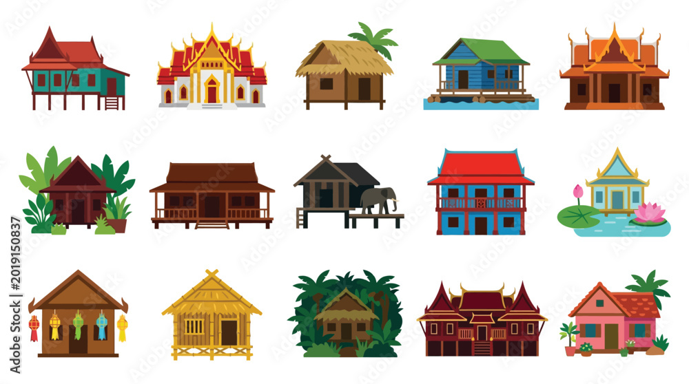 Collection of traditional Southeast Asian houses and buildings with ...