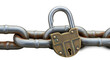 © MP-AI - Open padlock on rusty metal chain symbolizing fragile security during ukraine war negotiations