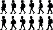 © BIPUL - Black silhouettes of primary school children walking to class with backpacks and books isolated on white background for educational design.