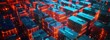 © SizeSquare's - Glowing Metropolis: Aerial view of a futuristic city at night, with buildings illuminated in a mesmerizing display of orange and blue lights.