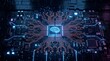 © MuhRizky - Glowing neural circuitry pulses from a central brain icon. Circuitry radiates blue and orange light across a dark board. Future tech, artificial intelligence, and data processing concepts merge