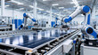 © tai - This image shows a modern smart factory workshop, where robotic arms assemble solar photovoltaic panels on automated conveyor production lines.