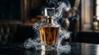 © MDRezaul - Elegant glass perfume bottle with amber liquid and swirling smoke effect