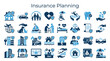 © Iconique Studio - Insurance planning concept with diverse icons representing various coverage types like home, car, health, family, travel, and business protection