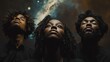 © Subejo - Three individuals with curly hair gaze upward against a cloudy night sky