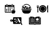 © Mirian - Collection of black and white icons representing healthy eating and cooking concepts like calendar meal planning grocery shopping and recipe book