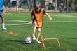 © chokniti - World cup concept with soccer ball or football player, youth soccer training on green field with child dribbling ball over hurdle