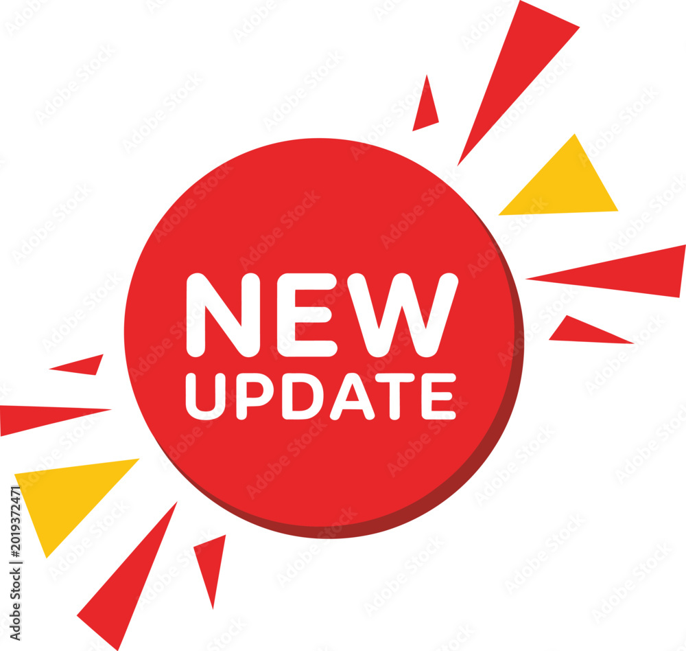 Update Triangle Red circular new update badge with decorative triangles and yellow ...