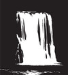 © Ashraful Haque - Waterfall cascading into dark pool with silhouetted figures at base in black and white, Generative AI