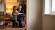 © Ivul - A heartwarming scene a loving father, returning home, shares a tender embrace with his joyful daughter, celebrating cherished family bonds and deep affection, perfect for Father's Day