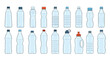 © Dola - Large set of various clear plastic water bottles in different shapes and sizes with blue and red caps for refreshment and hydration.