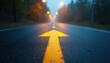 © miss irine - Yellow arrow painted on wet asphalt road points forward. Streetlights glow in misty night background. Journey onward through foggy forest path, guiding direction.