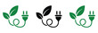 © Mizu Ahmed 3 - Eco power plug icons with green leaves, eco-friendly electrical plug symbols combining nature and cable elements, representing sustainable energy and green technology concepts.