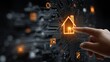 © Asry - Finger touches glowing orange house icon on dark digital circuit board with data symbols