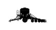© Dipan - Large black silhouette of a grain drill or seeder with wheels and a hopper on a white background representing farming and agriculture equipment