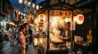 © Yuli - A vibrant night scene at a traditional Japanese festival featuring a street food stall selling Takoyaki, decorated with glowing paper lanterns and people dressed in Yukata